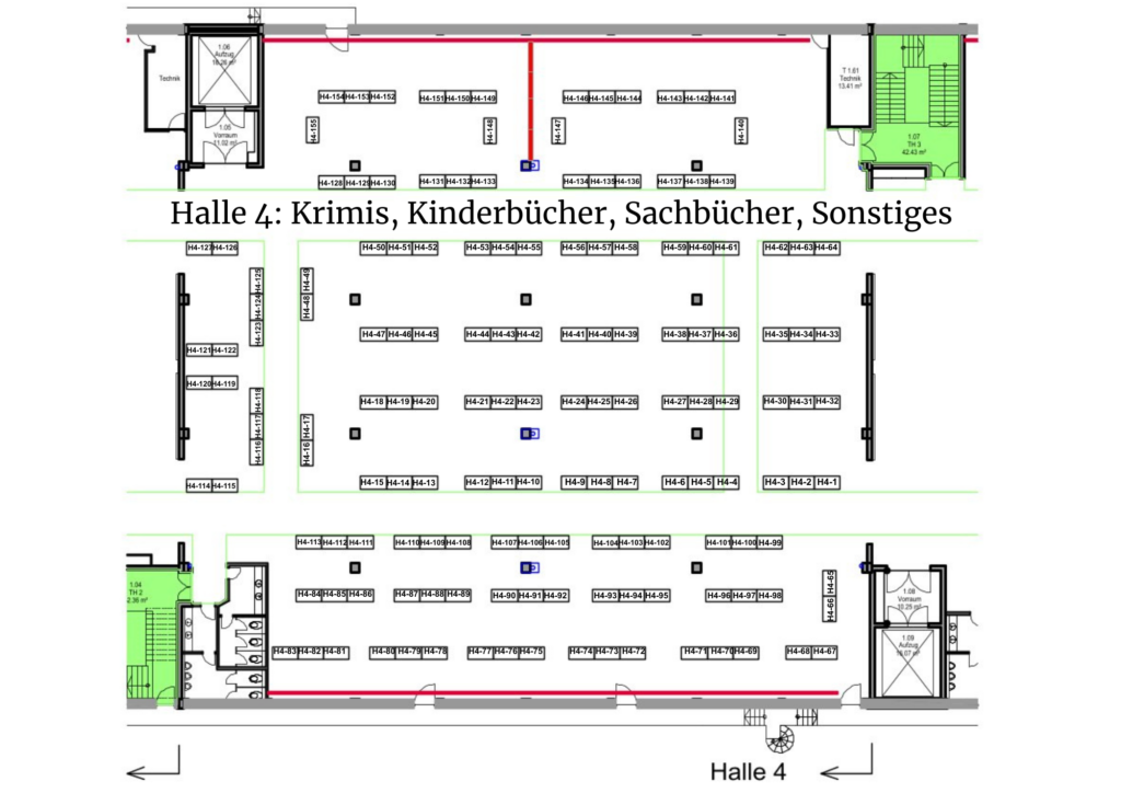 Hallenplan der Halle 4 der Münchner Buchmesse 2026 Krimi, Thriller, Horror, Familiensagas, Historisches, Science-Fiction, Kinder & Jugendbücher, Sachbücher, Belletristik